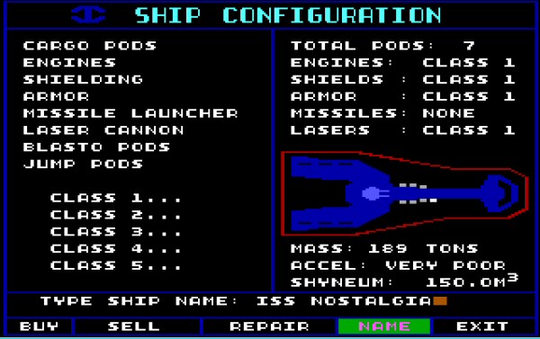 This is the stuff I lived for: The ship upgrades. Even back then, I was always disappointed there weren’t more decisions to be made here. It was basically a matter of upgrading to the best systems available and deciding how much you wanted to weigh yourself down with cargo pods. Also note that this shot is actually from Starflight 2.