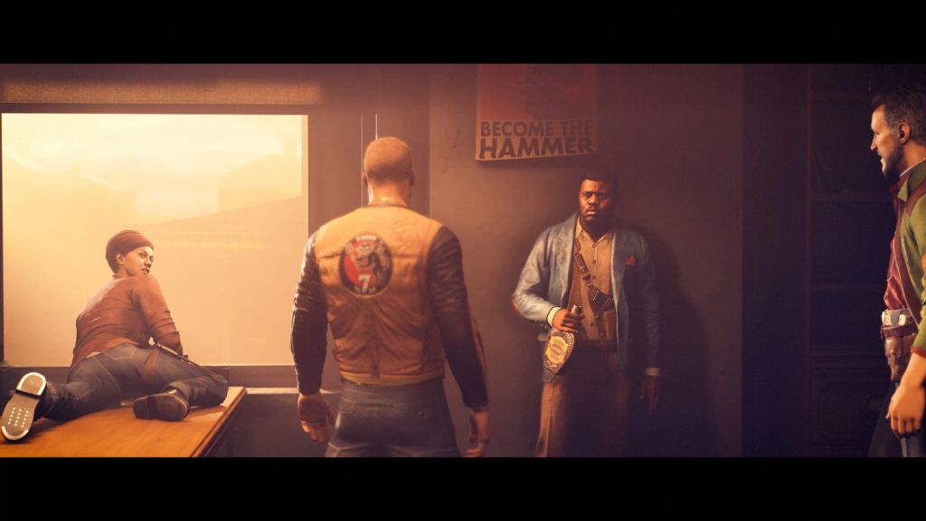 Left to right: The Professor, the legendary BJ Blazkowicz, Paris Jack, and Horton. Only one of these people will be useful to the rebellion after this cutscene. I'll let you guess which one.