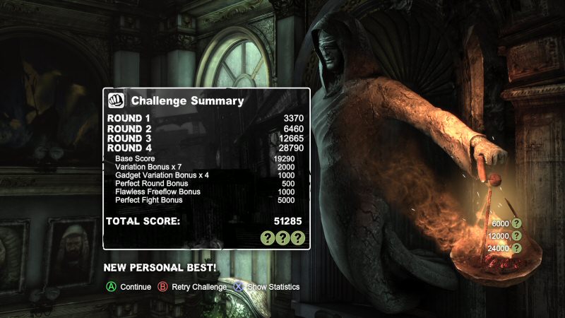 Here is the results screen after doing one of the challenge rooms. These are great little five-minute games that let you see how well you've mastered the Arkham systems.