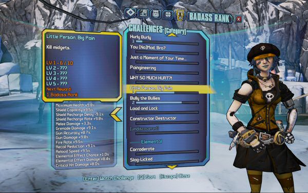 Gaige from Borderlands 2. You can see I’ll earn a Badass rank for killing ten midgets. The next tier will probably unlock at something like 100 midgets, then 1000, etc.