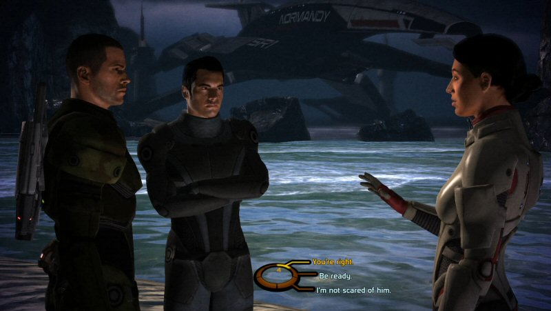 Kaiden is pouting because he's still wearing his starting armor, which is a pretty big clue that he's not going to be the one to leave Virmire in this play-through. Kaiden is pouting because he's still wearing his starting armor, which is a pretty big clue that he's not going to be the one to leave Virmire in this play-through.