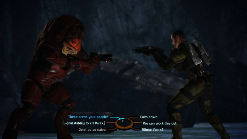 This sequence actually works really well. Wrex has a good reason to be upset, and (paragon) Shepard has good reasons for him to back down that aren't some wishy-washy variant of, 'But we're friends!'. I love this confrontation from a story sense. This sequence actually works really well. Wrex has a good reason to be upset, and (paragon) Shepard has good reasons for him to back down that aren't some wishy-washy variant of, 'But we're friends!'. I love this confrontation from a story sense.