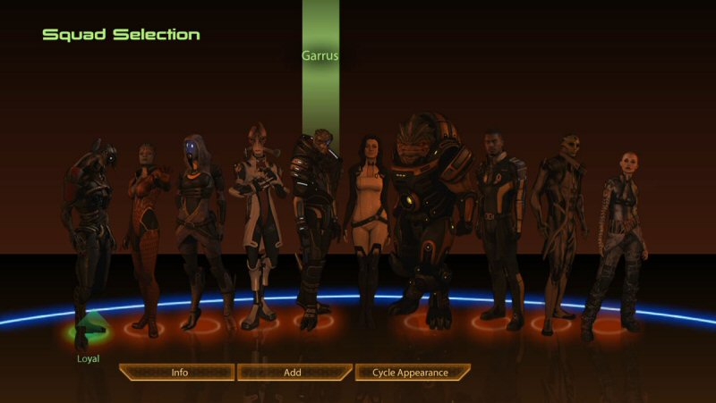 Your squad in Mass Effect 2. The team members with direct connections to the main plot have been highlighted with flashing rainbow circles.