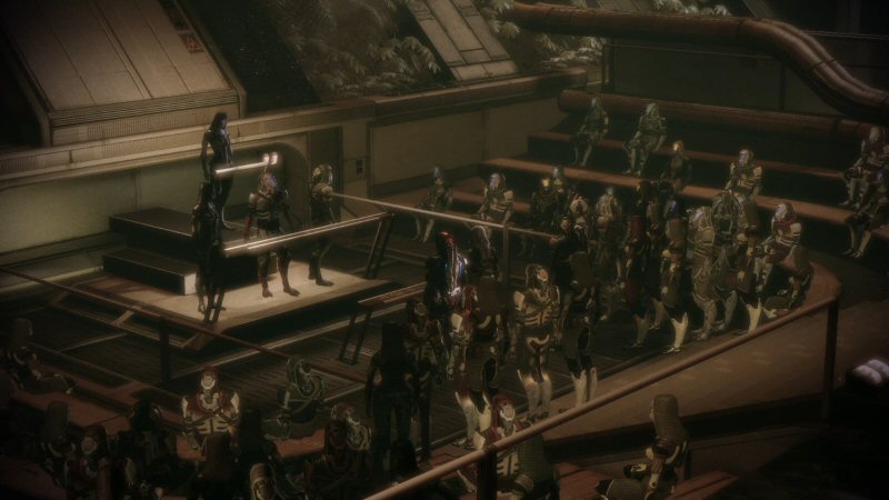 The Quarians don't need to wear their suits when on their own ships, but I don't blame them for keeping them on here. The cumulative body odor of removing all these rubber suits at the same time would almost qualify as a biological attack.