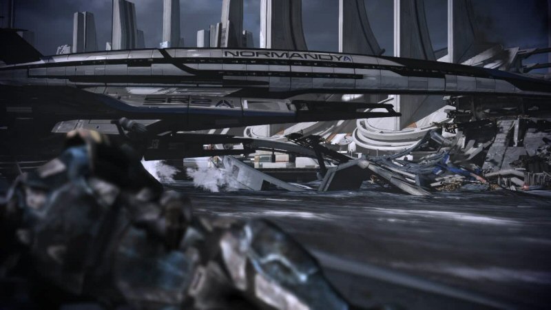 The Reapers sportingly ignore the Normandy while it hovers here for a long time, even though there's a Reaper basically right off-screen from this. It's like if something isn't on screen the writer forgets it exists. The Reapers sportingly ignore the Normandy while it hovers here for a long time, even though there's a Reaper basically right off-screen from this. It's like if something isn't on screen the writer forgets it exists.