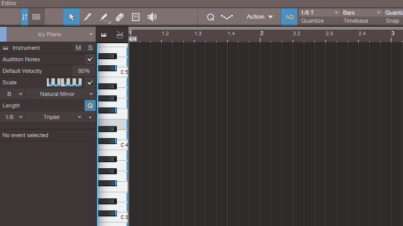 The piano roll (where you map out notes) in Studio One. I've set it to highlight the notes in the B minor scale. The piano roll (where you map out notes) in Studio One. I've set it to highlight the notes in the B minor scale.