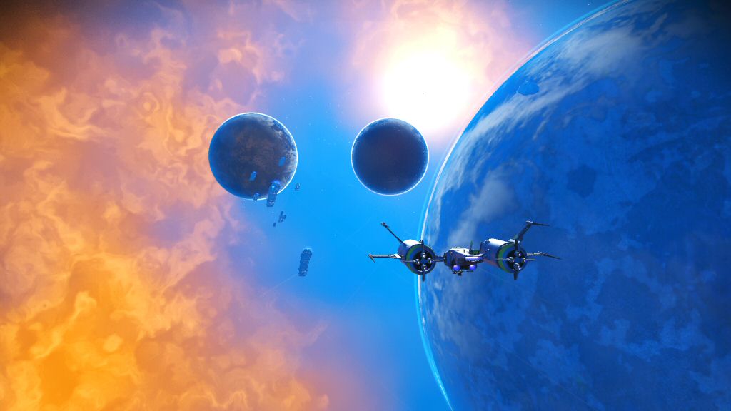 Visually, this is my favorite star system so far. The game managed to procedurally generate a super-saturated orange and blue motif. Also, the screenshot feature in this game is REALLY good.